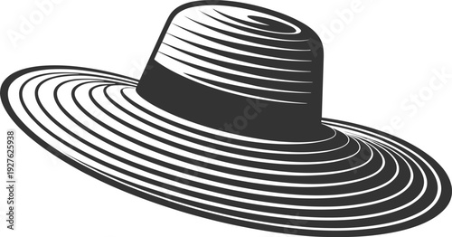 Wide brim hat illustration, summer straw fashion accessory, minimalist black and white headwear design, elegant vintage style isolated vector artwork