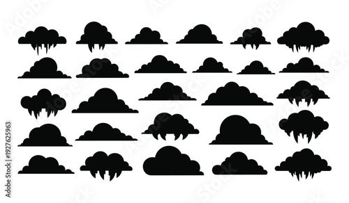 Collection of black clouds in various shapes and sizes silhouettes