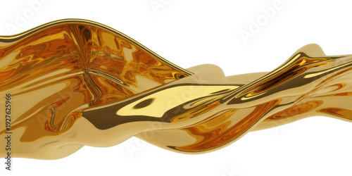 Golden liquid wave on white background shiny reflective isolated on a transparent background