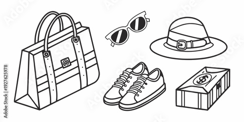 An assortment of shopping items including a shopping bag, sunglasses, a hat, and a pair of shoes. Vector