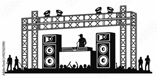 A concert stage with a band performing and an audience watching Vector