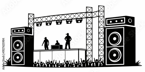 Two people performing on stage with musical instruments and speakers Vector