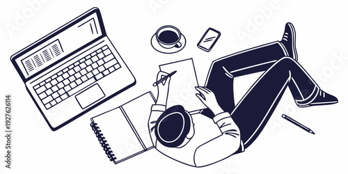 A person working on a laptop with a cup of coffee and a smartphone nearby. Vector
