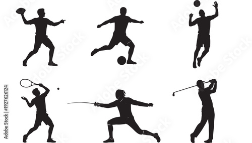 Athlete silhouettes set showing soccer, basketball, tennis, fencing and golf action poses isolated on white background featuring silhouette, athletes, sport with sports and pose elements for