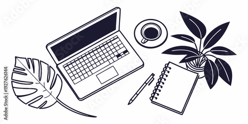 A laptop, notebook, and plant on a wooden table in a cozy workspace. Vector