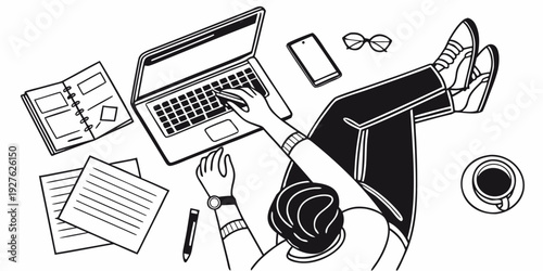 A cluttered desk with various office supplies and a laptop, indicating a busy work environment. Vector