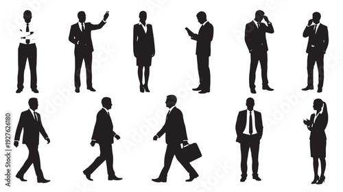 Business people silhouettes set in formal suits and office attire, standing, walking, reading, calling and gesturing isolated on white featuring businessman, businesswoman, professionals with