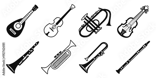 Assorted musical instruments including string, wind, and percussion Vector
