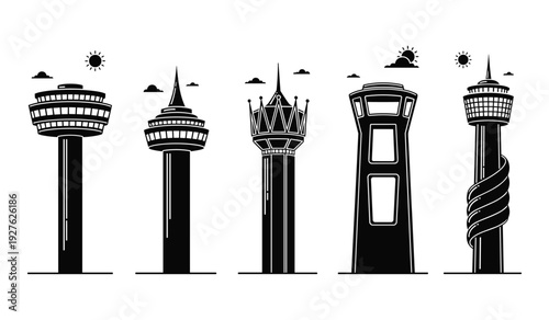 Five tall black towers with unique architectural and small aircraft silhouettes architecture