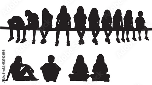 Children silhouettes sitting on bench and ground in various poses, black vector set isolated on white background featuring kids, child, silhouette with seated and group elements for friends, youth