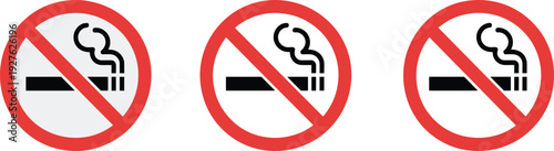 No smoking red prohibition sign collection with crossed cigarette icons, health warning symbols, clean air policy vector illustration isolated on background
