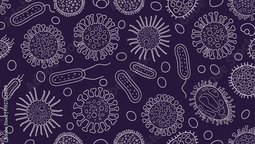 Scientific seamless pattern with various microscopic organism outlines in white on a deep purple background for biology study.