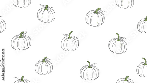 Elegant seamless pattern featuring white hand drawn pumpkin outlines with green stems on a plain white background for decor.