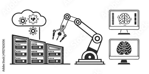 Industrial automation system with cloud computing and robotic arm Vector