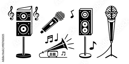 Illustration of musical equipment including speakers, microphones, and a record player. Vector