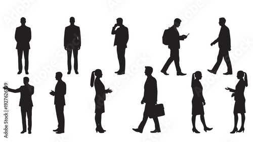 Business people silhouettes set in various poses including walking, talking on phone, using smartphone, gesturing, and carrying bag featuring silhouette, businessman, businesswoman with office and