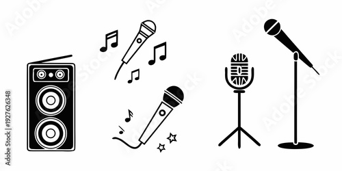 A collection of musical equipment including speakers, microphones, and musical notes. Vector