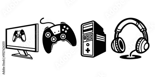 Gaming setup with monitor, controller, computer, and headset Vector