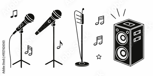 Microphones and musical notes in front of a speaker Vector