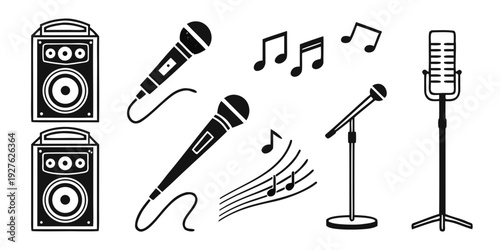 A collection of musical instruments and equipment for a live performance setup. Vector