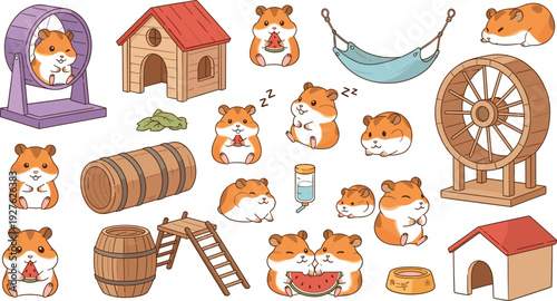 Cute hamster pet cartoon vector set with cage wheel house and accessories adorable rodent collection illustration
