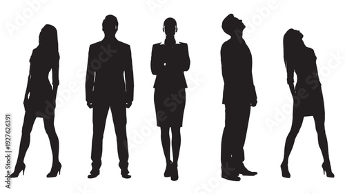 Business people silhouettes set isolated on white background, standing in different poses for corporate teamwork concept featuring silhouette, group, team with office and professionals elements for