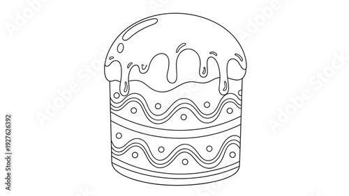 Detailed hand drawn outline of an Easter cake with icing dots and wave patterns isolated on a white background for coloring.