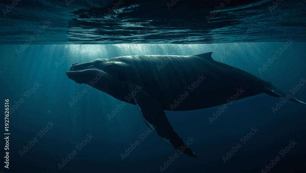 Naklejka premium シネマ調の青い海中で浮かぶクジラの影と泡がつくる静寂