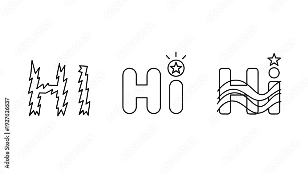 Obraz premium Creative logo set featuring the word hi in three different artistic styles including jagged edges and wavy lines with star accents.