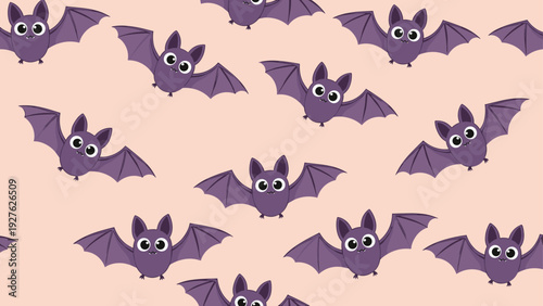 Cute purple bats with large eyes flying in a seamless pattern on a soft pink background for children halloween party decorations.