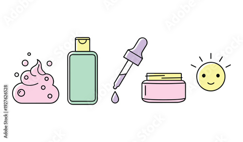 Pastel of skincare products with droplet bottle cleanser jar and sun cream