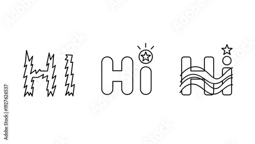 Creative logo set featuring the word hi in three different artistic styles including jagged edges and wavy lines with star accents.
