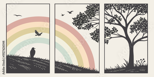 A vibrant rainbow arching over a serene landscape with a tree and a house Vector