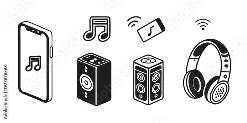Various devices and icons representing music and audio technology. Vector
