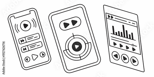 Three smartphones displaying various music and podcast applications with different interfaces. Vector
