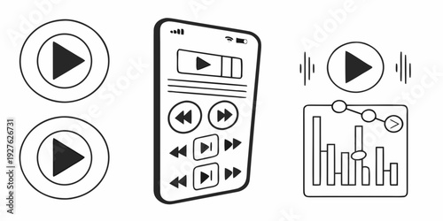Illustration of a smartphone interface with media playback controls and audio analysis. Vector