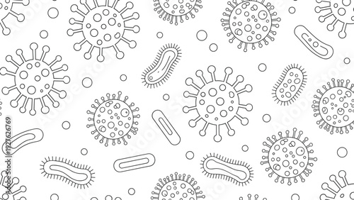 Black and white seamless pattern with various virus and bacteria icons for health education or medical pandemic awareness campaigns.