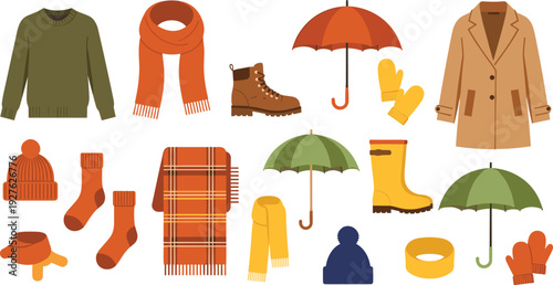 Winter clothing and accessories vector set with coats scarves boots umbrellas and warm seasonal fashion items