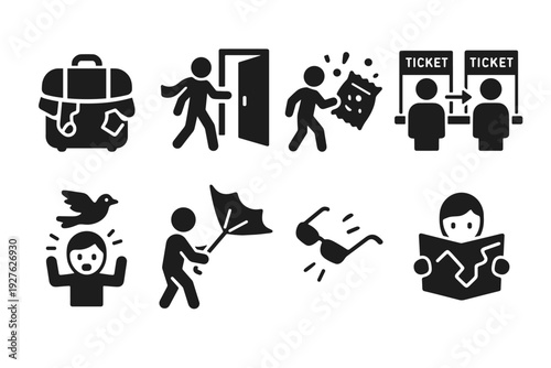 Silly Travel Icons. Silly travel blunders. Filled icon set of silly travel blunders: overfilled suitcase,