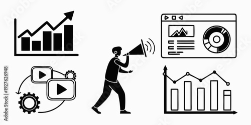 Businessman analyzing data and making decisions with various business tools Vector