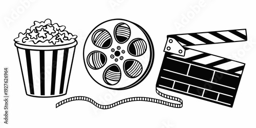 A collection of movie-related items including popcorn, a film reel, and a clapperboard Vector