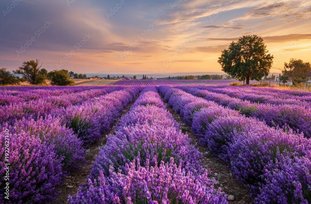Obraz premium Rows of vibrant purple lavender field stretching to the horizon beneath a sunset sky