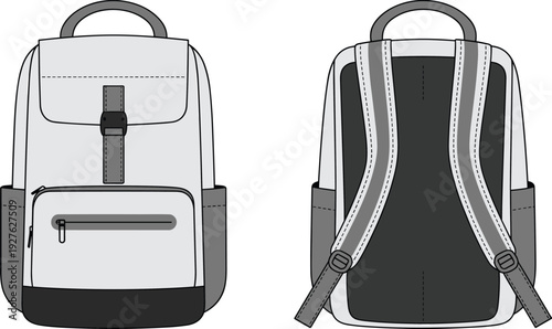 Backpack vector illustration, modern school bag front and back view, travel rucksack with zipper pocket technical flat design