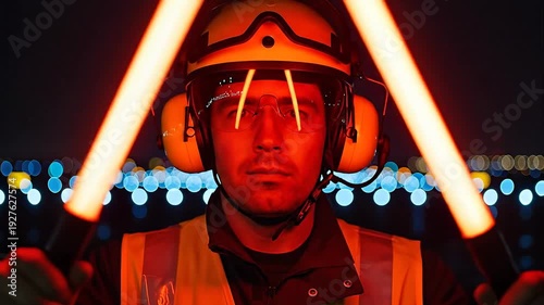 Airport Ground Crew Member Directing Aircraft at Night Holding Illuminated Red Signaling Wands Formation X