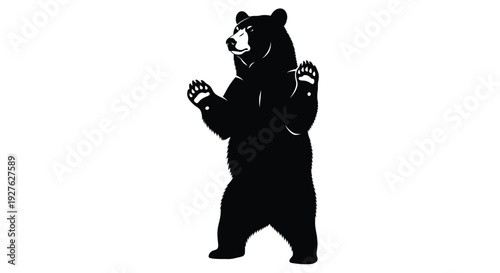 Bold black and white vector illustration graphic depicting a powerful grizzly bear standing upright with claws raised ready for action