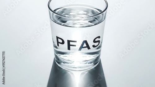 Clear Glass of Water Labeled PFAS on White Reflective Surface with Dramatic Shadow and Bright Light Source Occurring in Studio Lighting