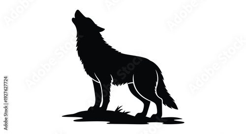 Striking black and white vector illustration graphic design silhouette of a wild wolf howling powerfully at the moon.