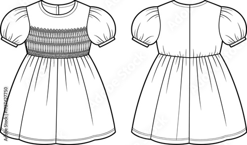 Girls dress technical illustration, children puff sleeve garment template, front back views, fashion flat sketch, kids apparel design vector outline