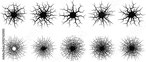 Bullet hole crack and shattered glass impact vector set isolated black explosion damage effects collection