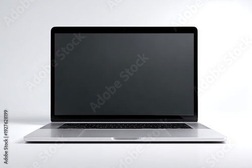 Front-facing, opened, silver laptop on a white background, screen black. Modern technology